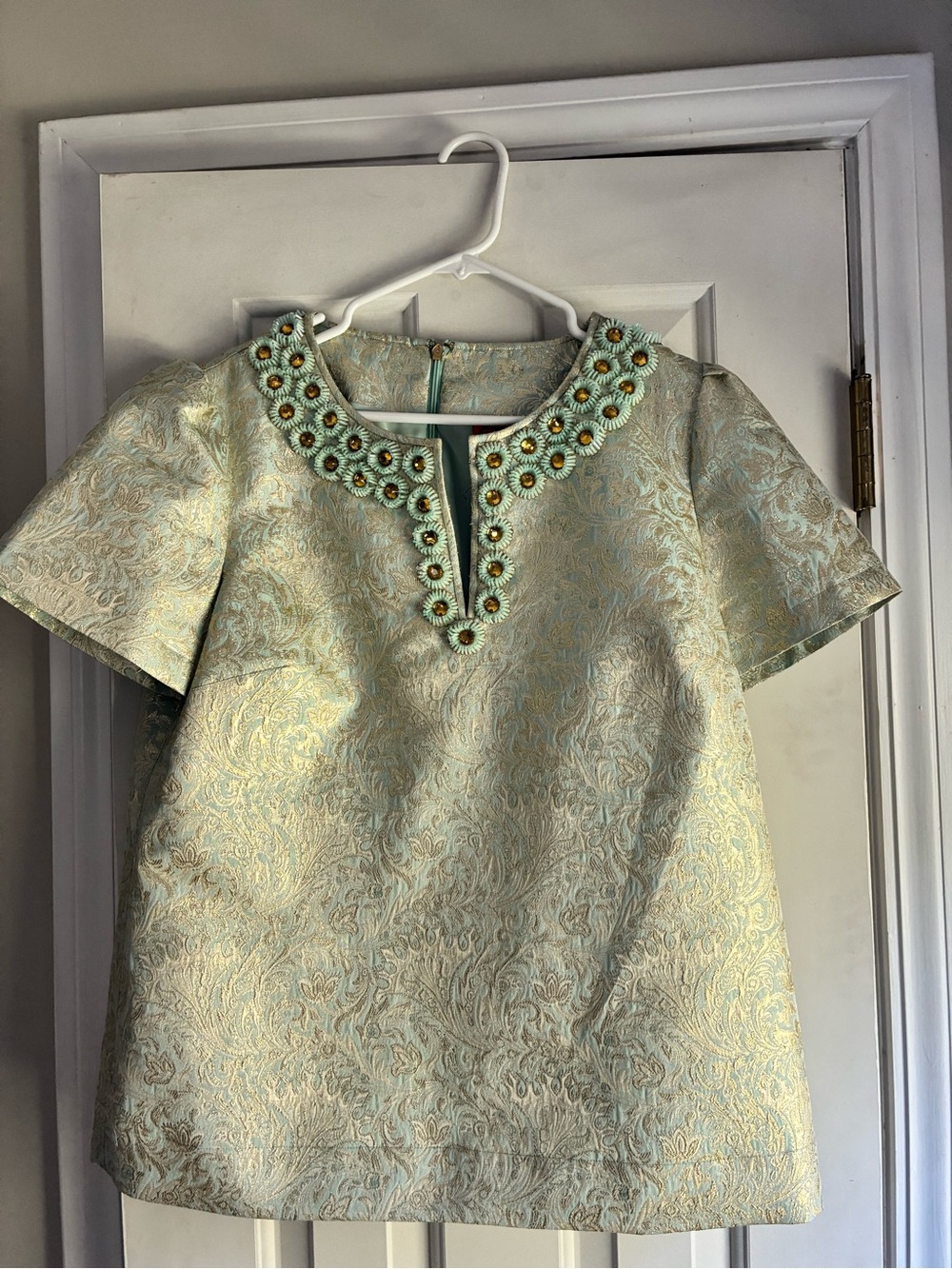 Tory Burch Mint Brocade Short-Sleeve Top with Embellished Neckline